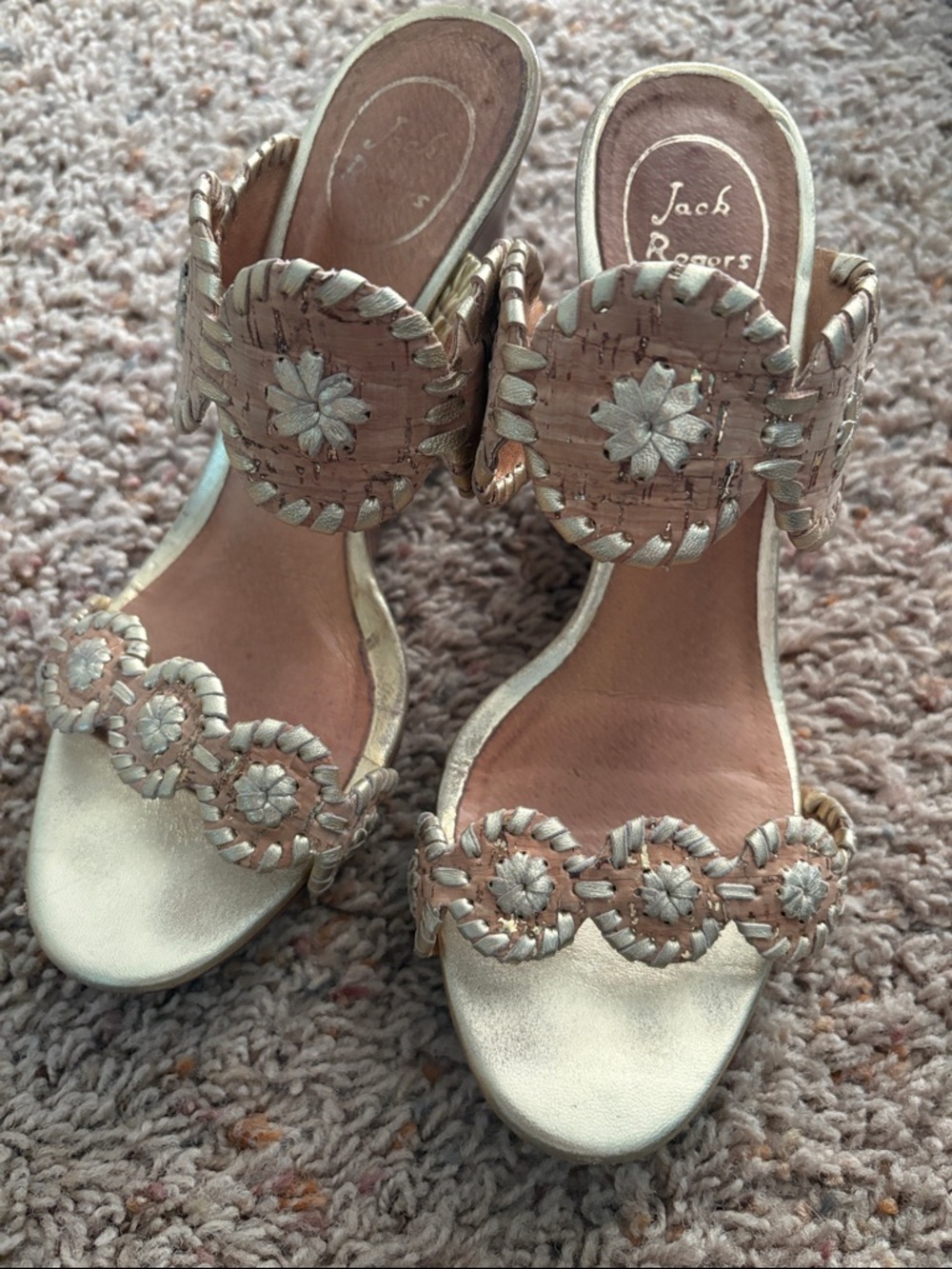 Jack Rogers Metallic Gold Braided Floral Slide Heels